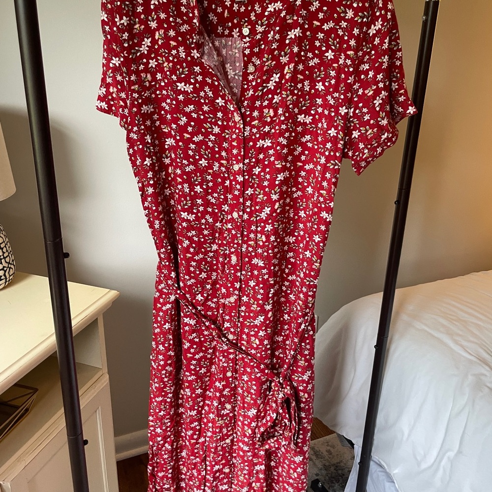 LOFT Red Pink Flutter Sleeve Midi Sundress